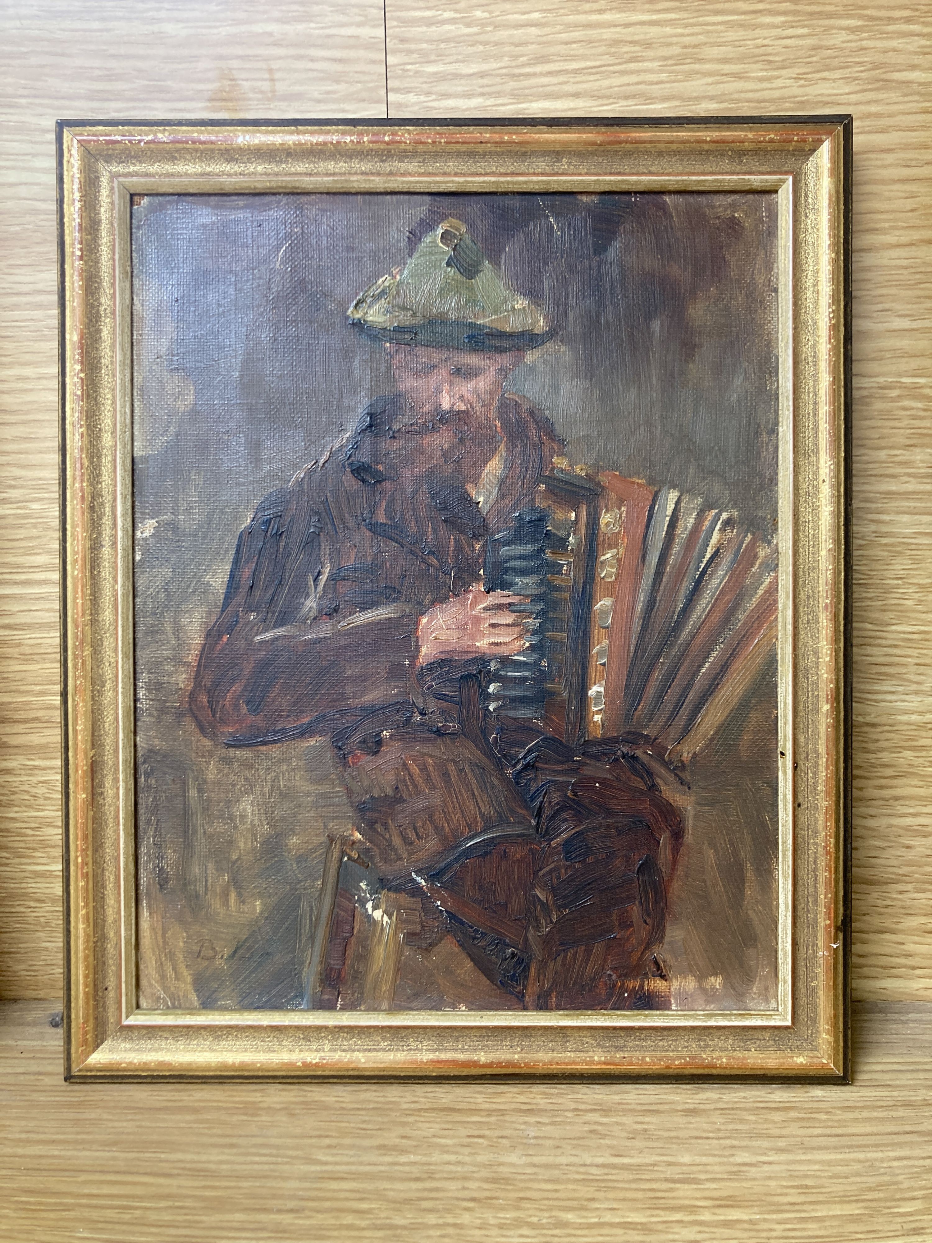 Franco Russian School mid 20th century, oil on canvas, accordian player, indistinctly signed, 24 x 18cm.